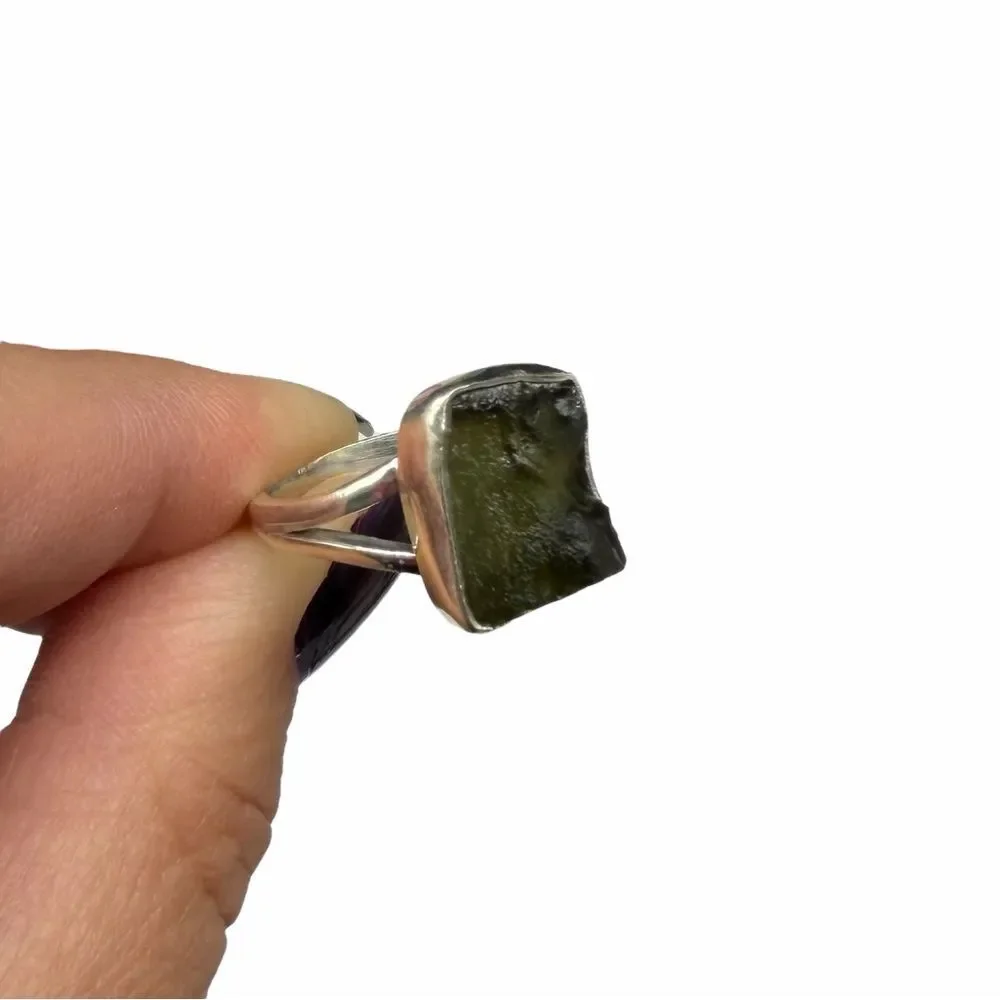 Moldavite Ring Size 8 Solid 925 Sterling Silver Natural Stone Crystal Raw Rough